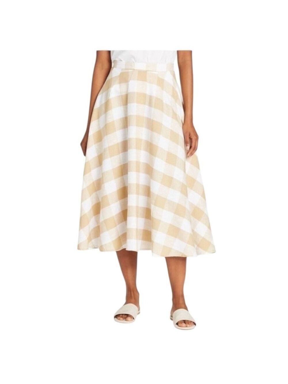 NWT Who What Wear linen blend tan white gingham check full circle midi skirt 6